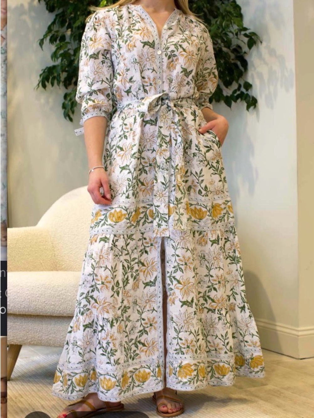 Hannah Floral Button-Front Maxi Dress in White, Yellow & Green